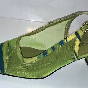 Coup D'Etat LTD Zany Women's Green Striped Block Heels Slingback Pumps Size 9.5